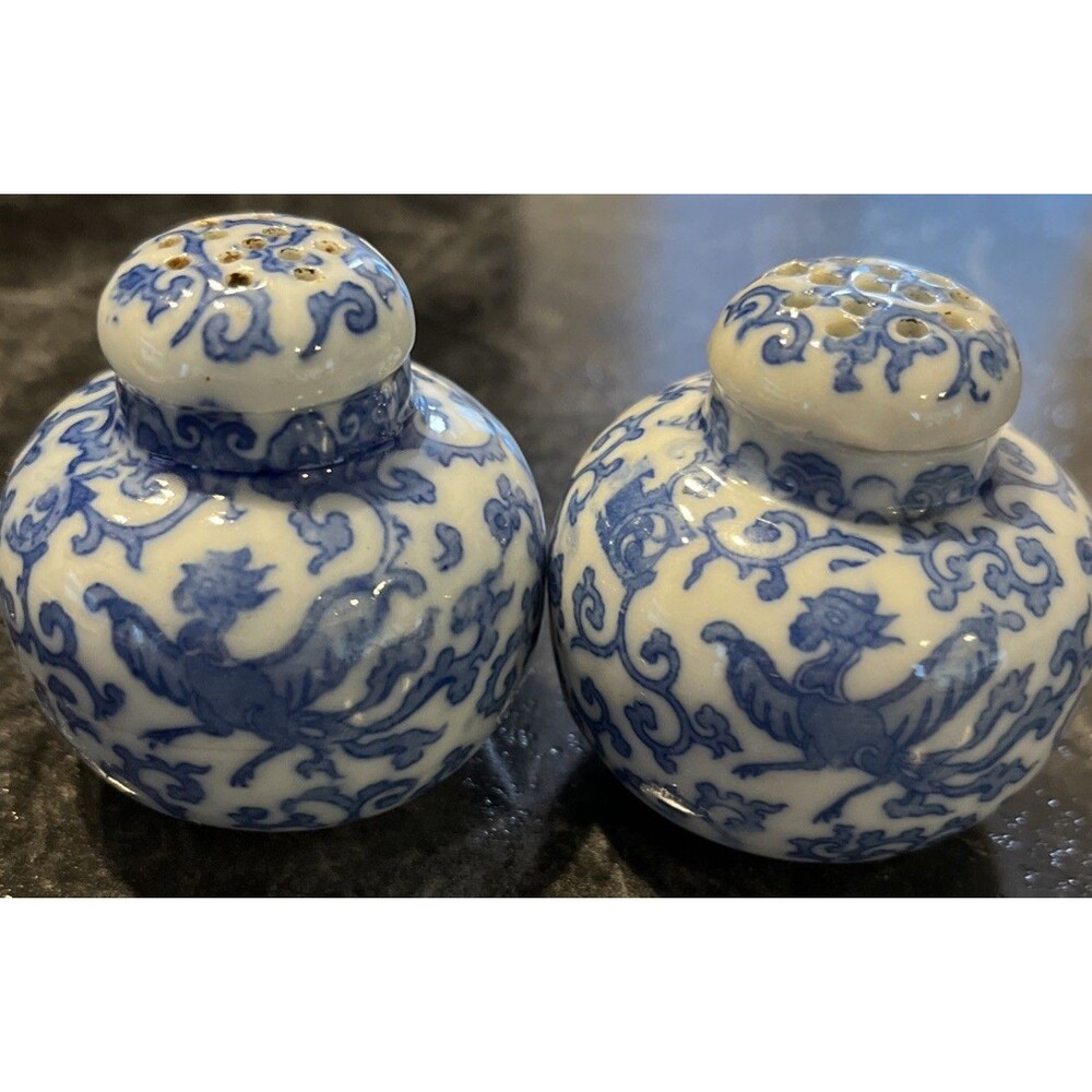 Antique Roly Poly Chinoiserie blue and white ceramic spice shakers bird design